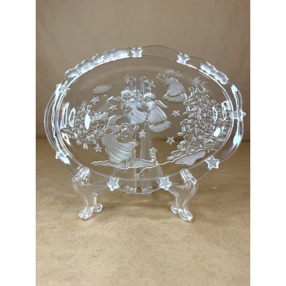 Mikasa "Holiday Lights" Vintage Clear & Frosted Glass Oval Sweet Plate Angels